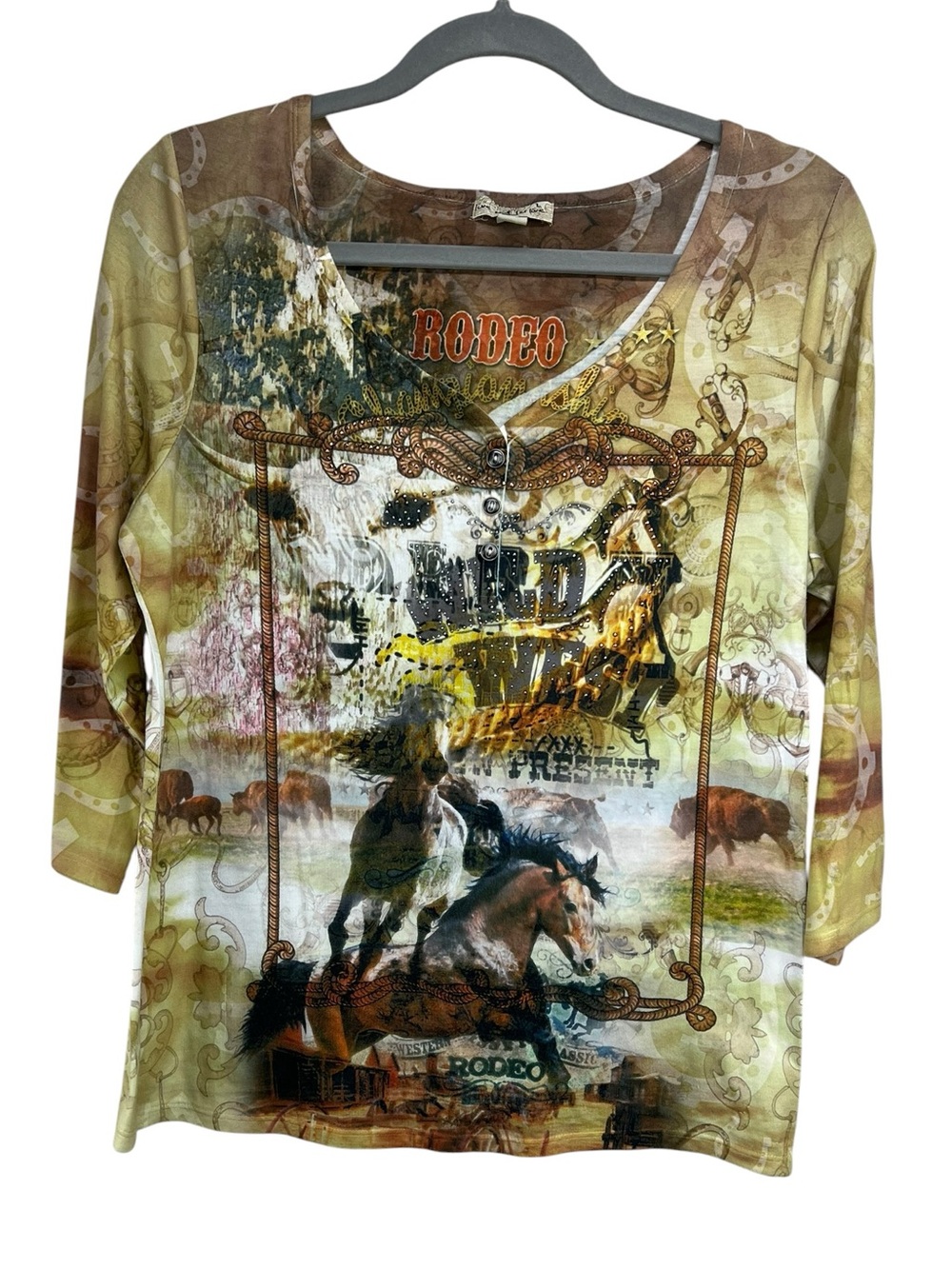 Live and Let Live Y2K Rodeo Wild West Jeweled V Neck Henley 3/4 Sleeve Womens Lg